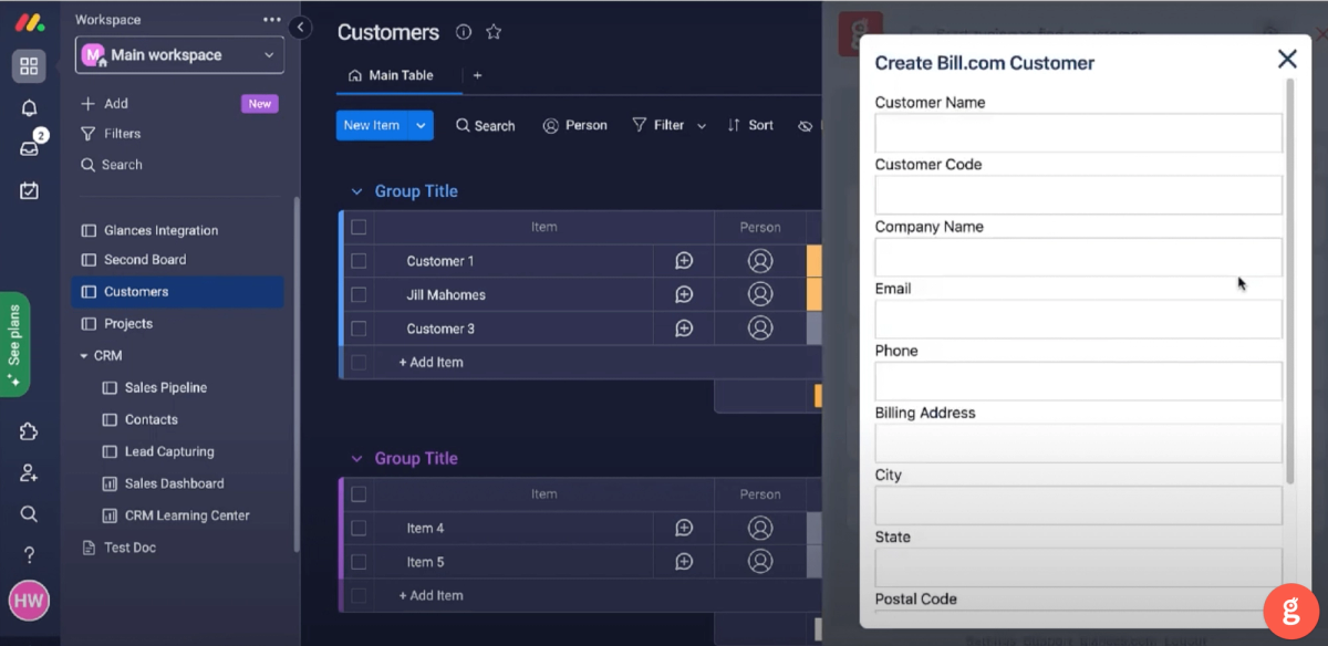 Using Glances, enter a new Bill.com customer without leaving the app you are in