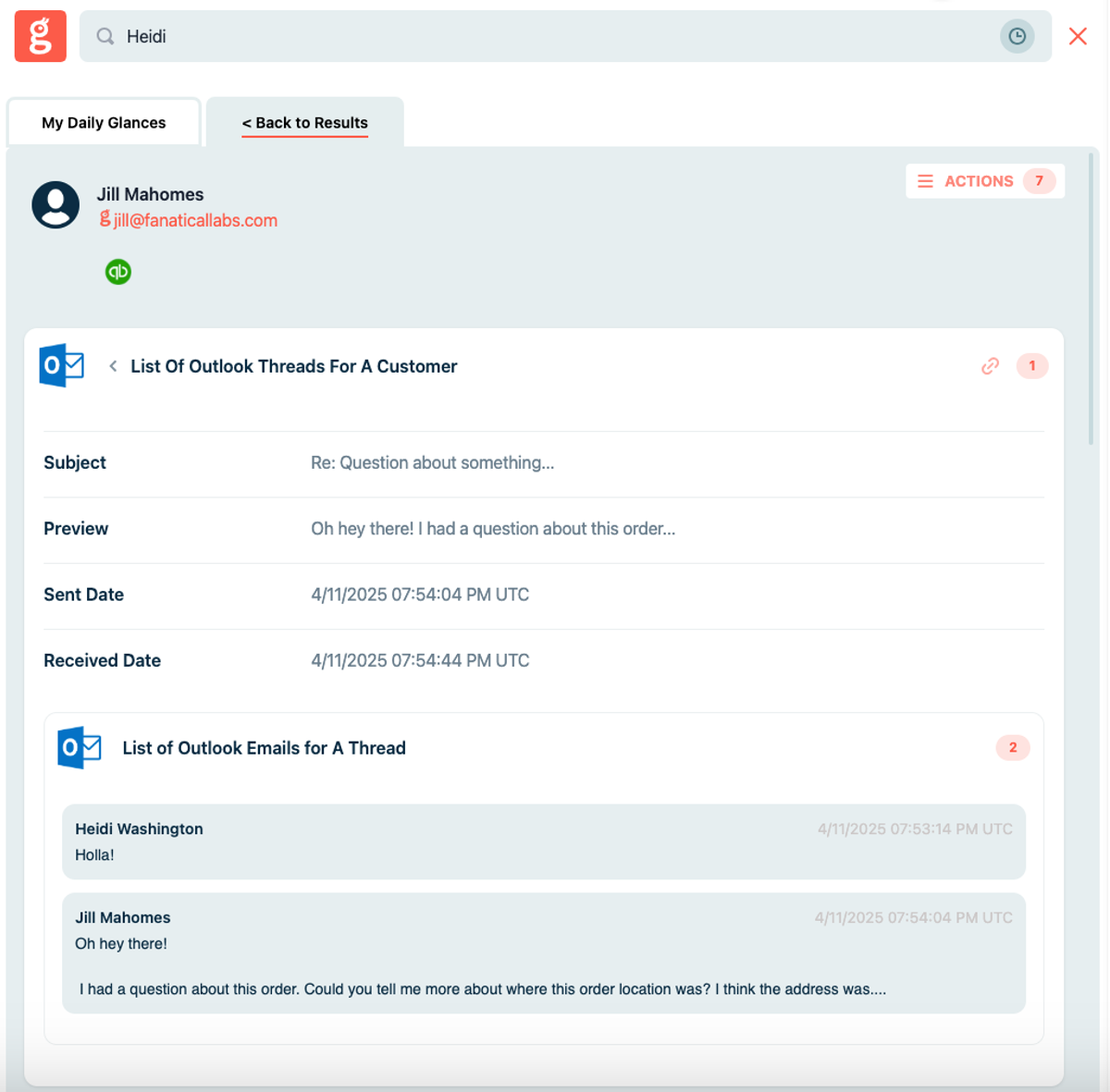 Glances user viewing a list of Outlook email threads while working anywhere online