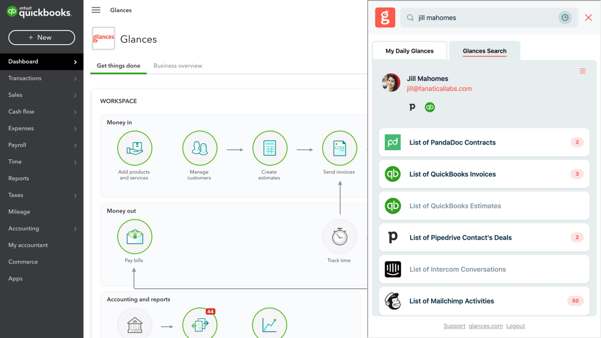 Screenshot of Glances user working in QuickBooks and viewing data across multiple apps