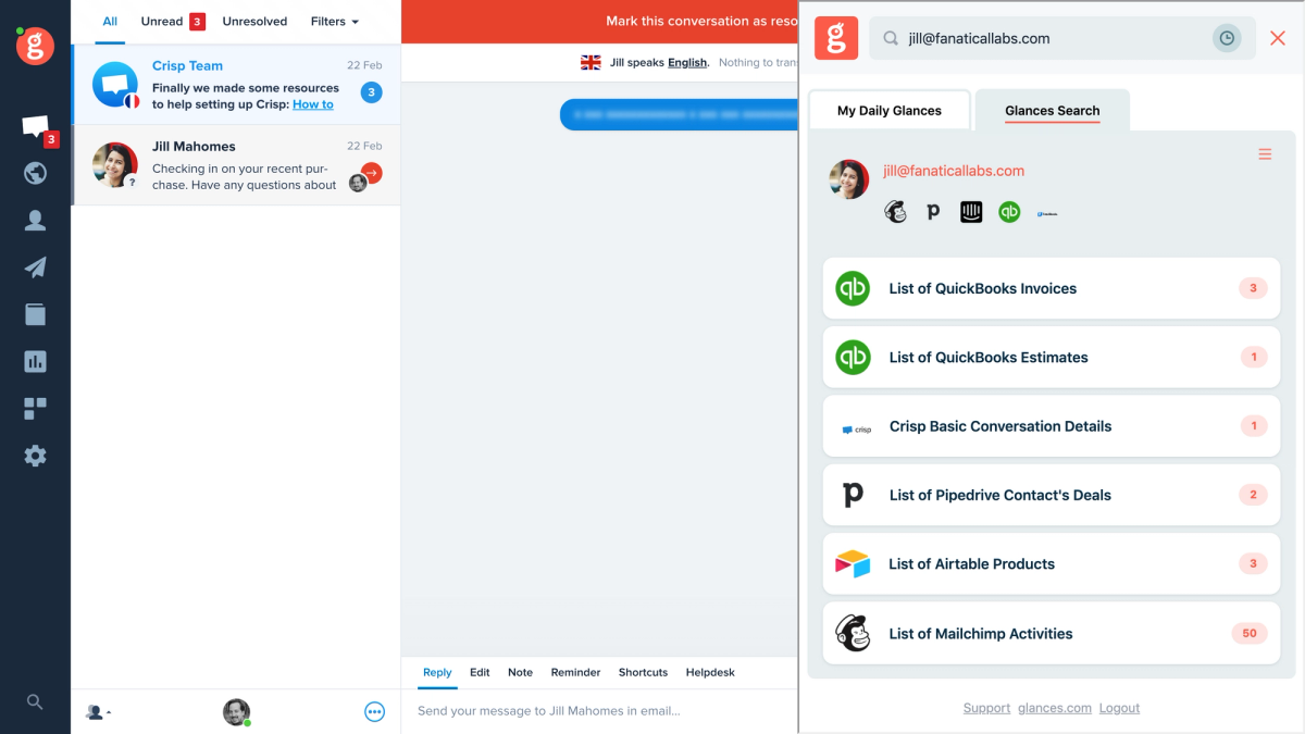 Glances user working in Crisp and viewing data across multiple apps