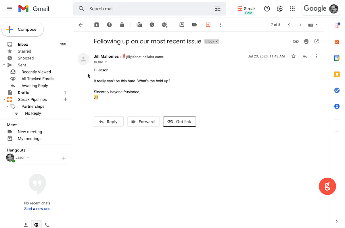 Animation of Glances user in Gmail viewing customer customer data across multiple apps