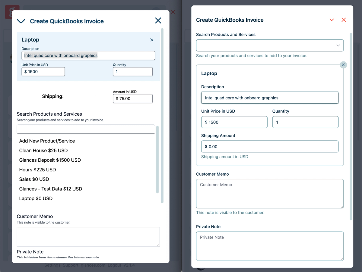 Glances Action Forms side-by-side update for QuickBooks invoicing