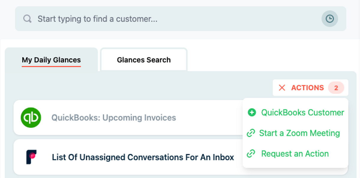 Product shot of Glances Actions menu, available directly in Glances anywhere online