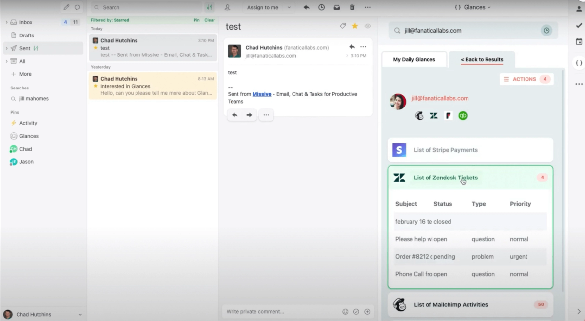 Glances user working in Missive and searching data across multiple connected apps