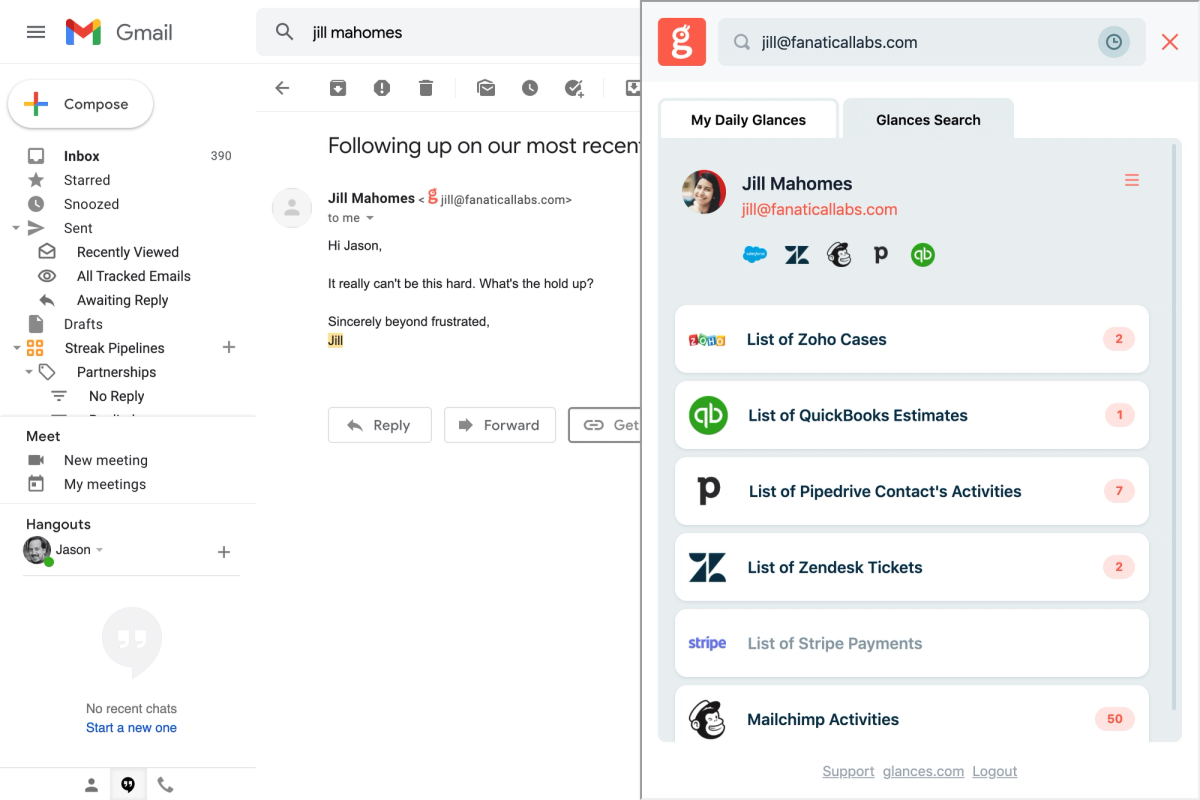Screenshot of Glances user in Gmail viewing their Zoho CRM data