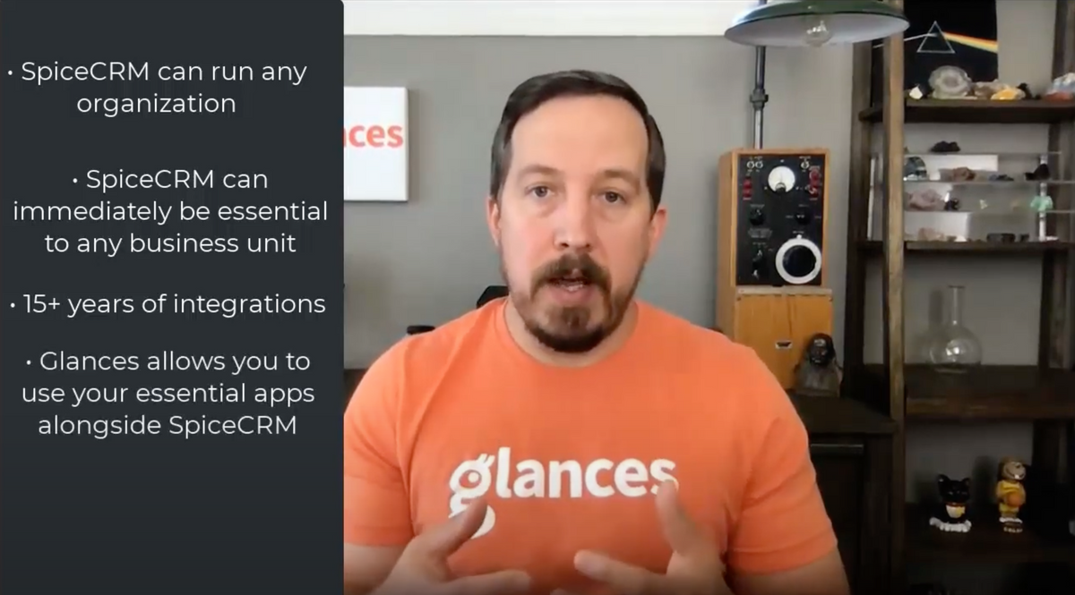 Screenshot of Glances co-founder and CEO Jason Eggers presenting Glances and SpiceCRM partnership