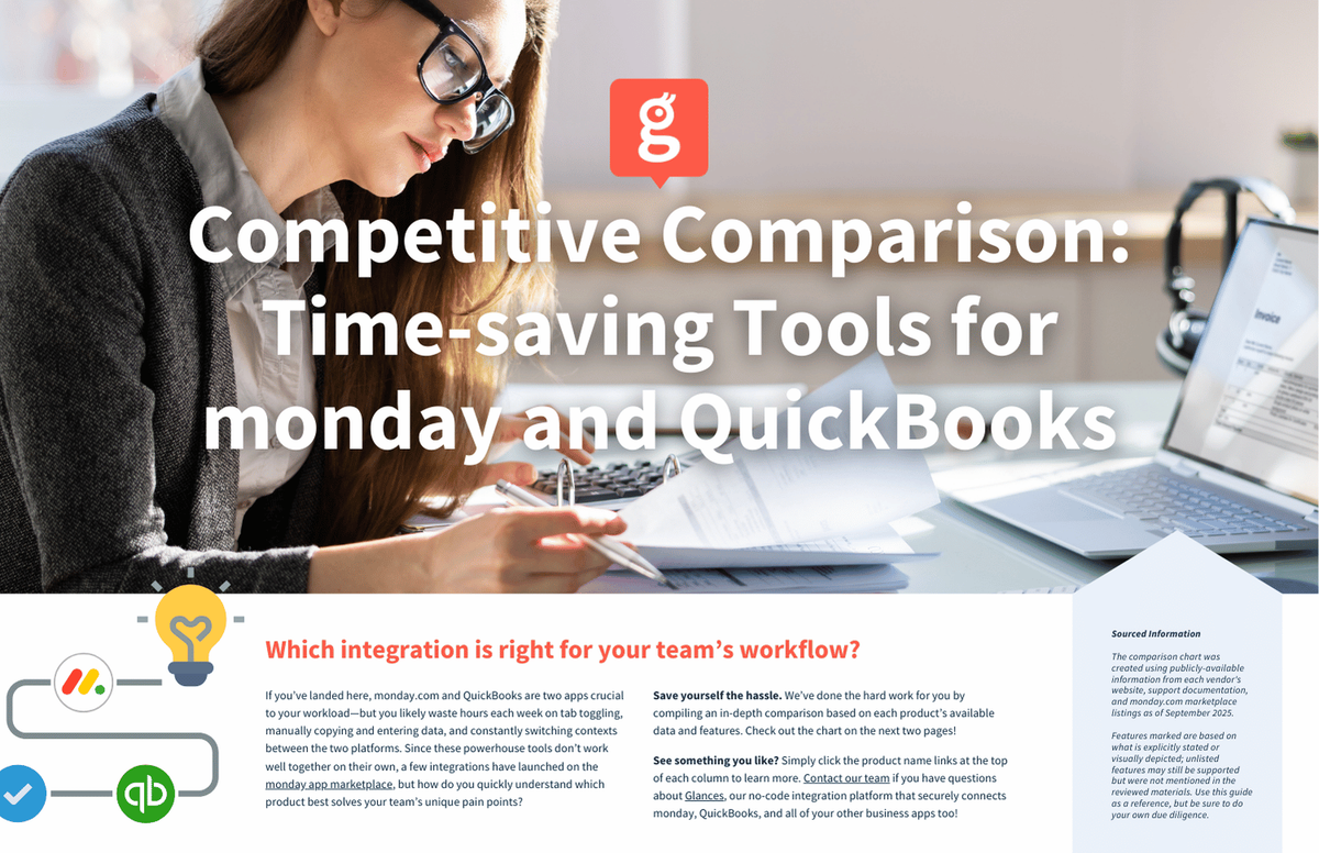 Product comparison chart of Glances versus multiple integration tools for monday.com and QuickBooks