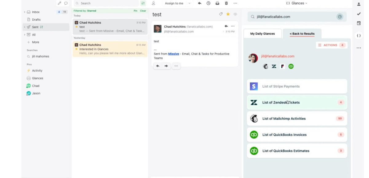 Glances user working in Missive and searching data across multiple connected apps