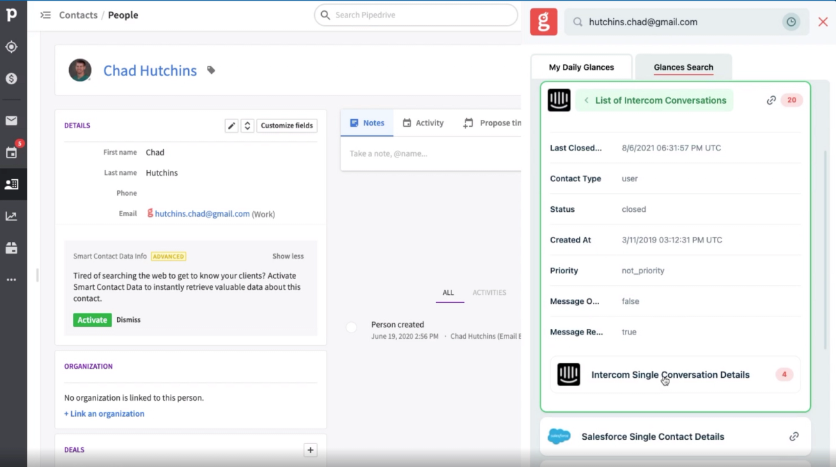 Glances user working in Pipedrive CRM viewing Intercom conversations