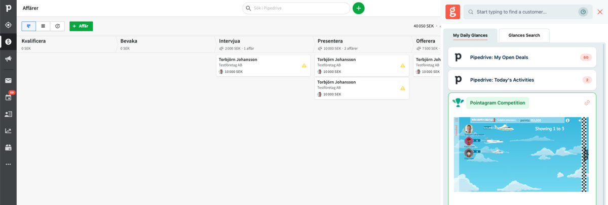 Screenshot of Glances user working in Pipedrive CRM and viewing Pointagram competition stats in same view