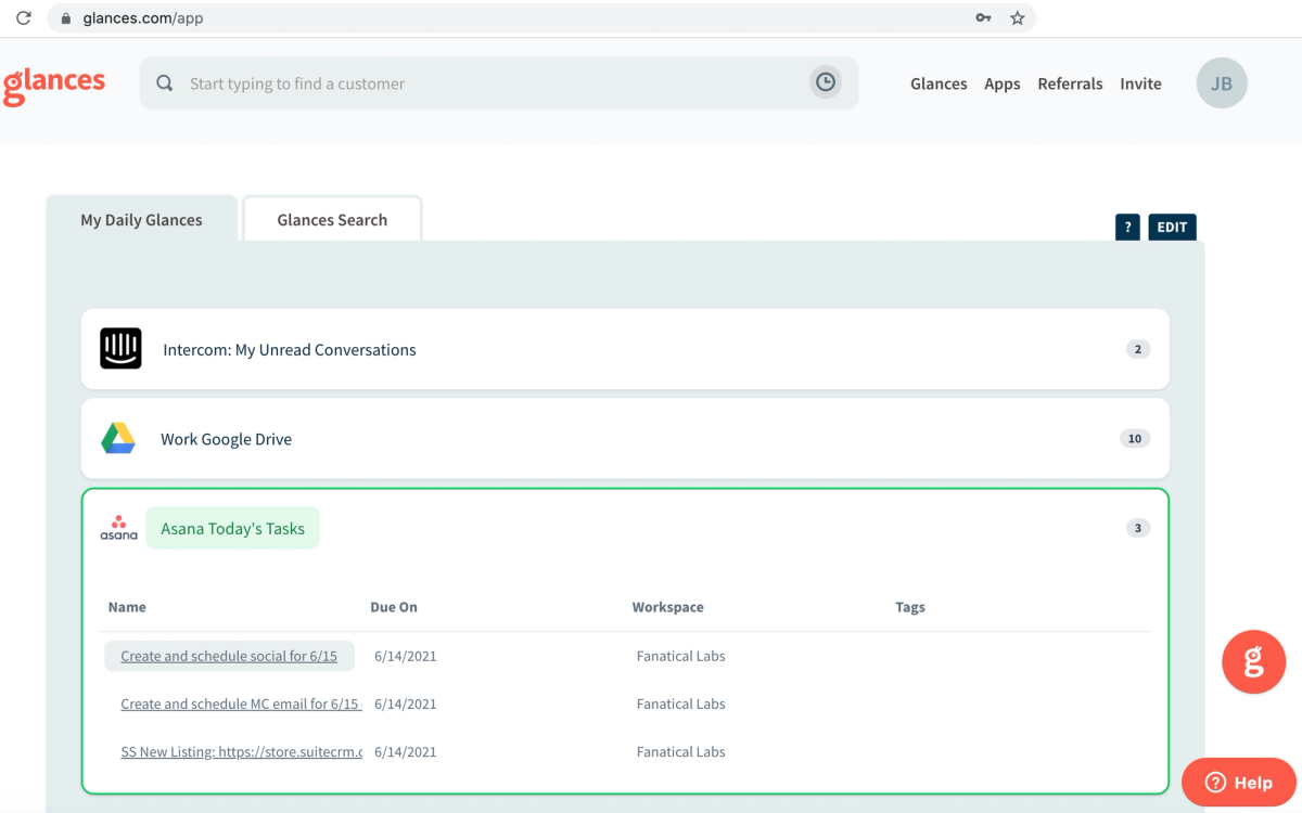 Glances user viewing their Asana Tasks in the My Daily Glances view