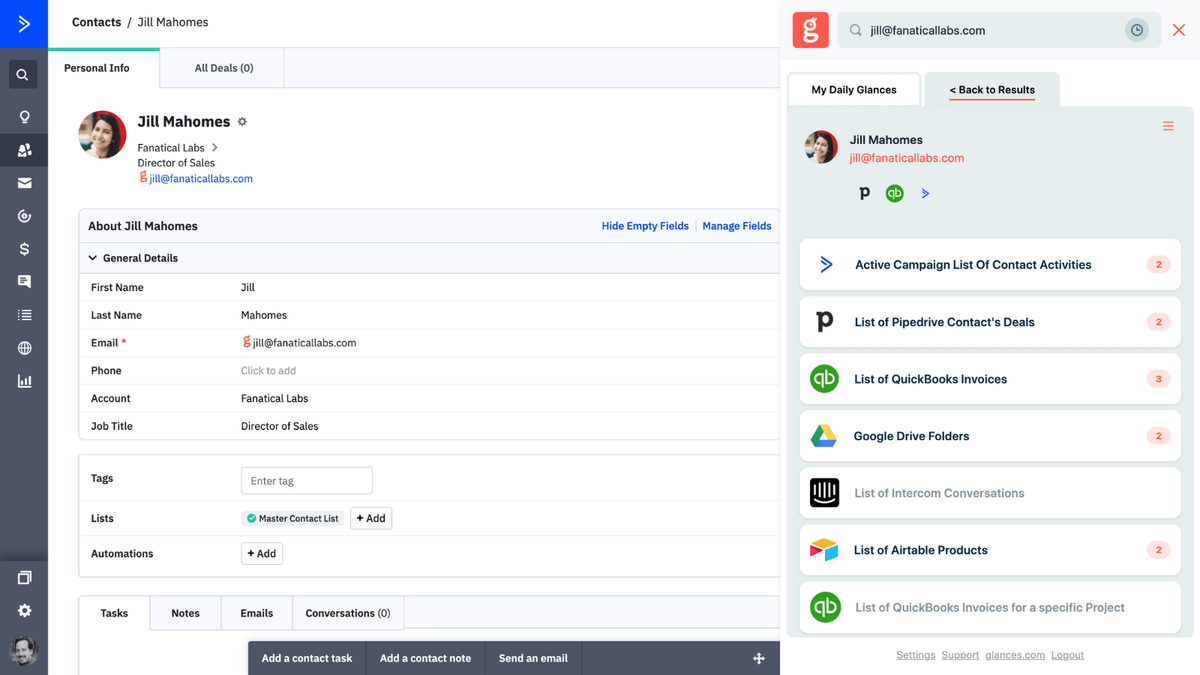 Screenshot of Glances user working in ActiveCampaign and viewing data across multiple apps in the same view
