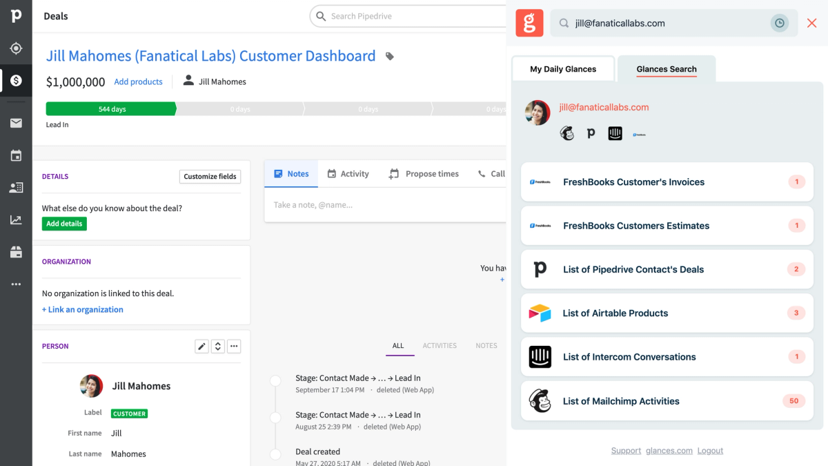 Screenshot of Glances user working in Pipedrive CRM and viewing data across multiple apps