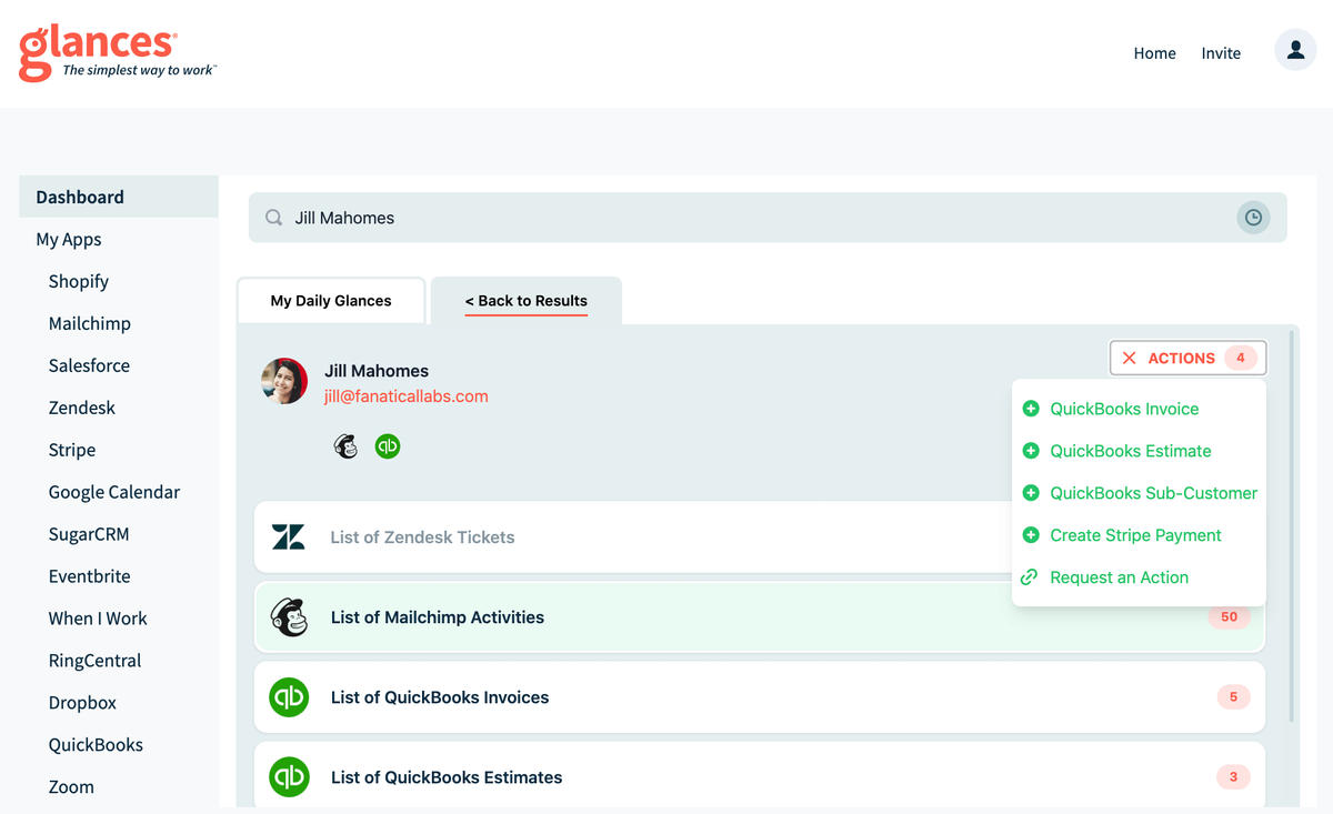 Screenshot showing the Glances dashboard and customer search feature