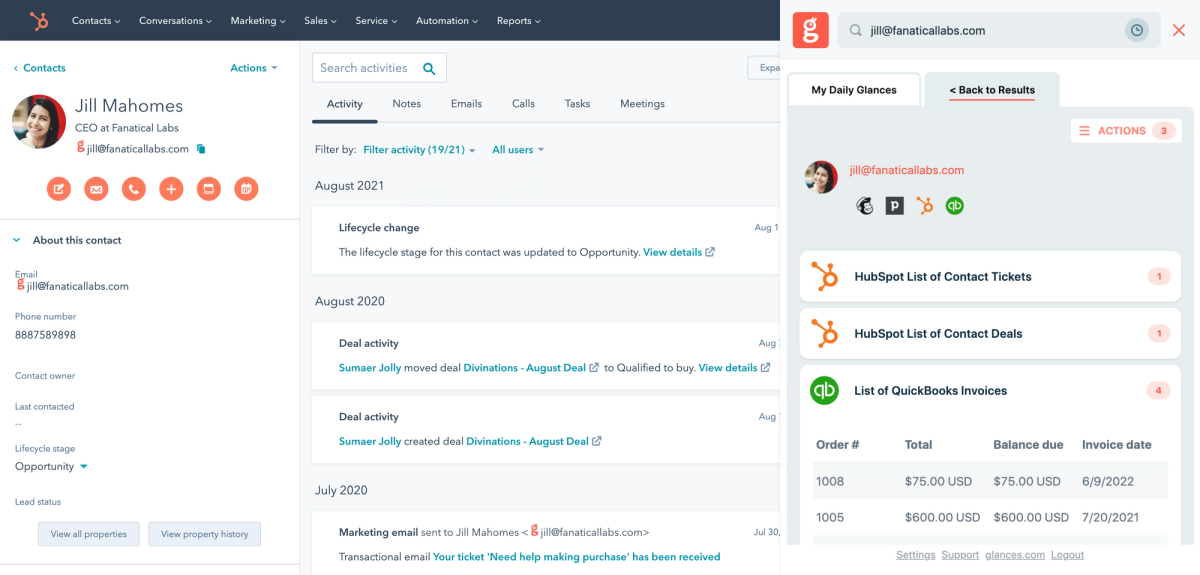 Screenshot of Glances user in HubSpot with Glances widget open to view data across multiple apps