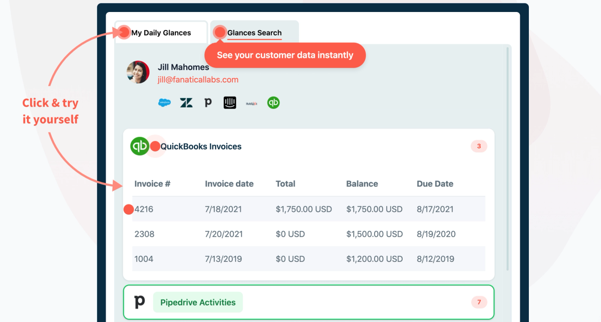Screenshot of Glances user clicking the Glances Search tab to view data across multiple apps