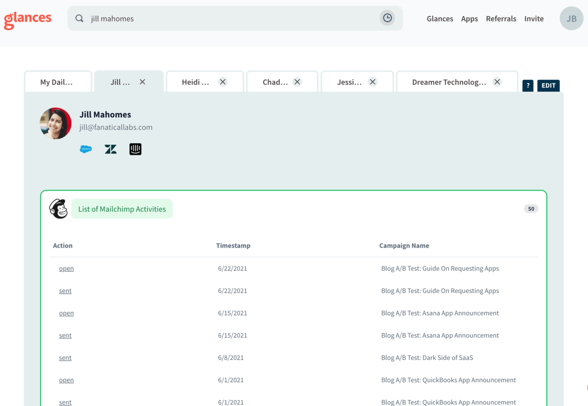 Glances user viewing a customer's Mailchimp data