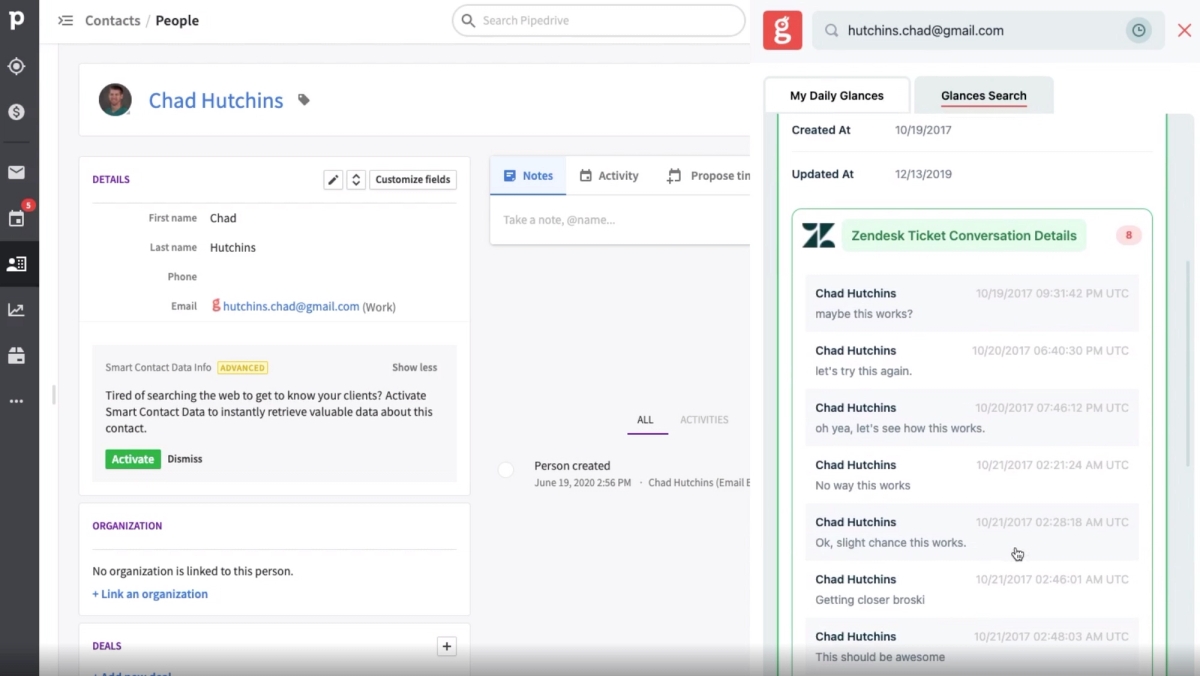 Glances user working in Pipedrive CRM viewing list of Zendesk tickets