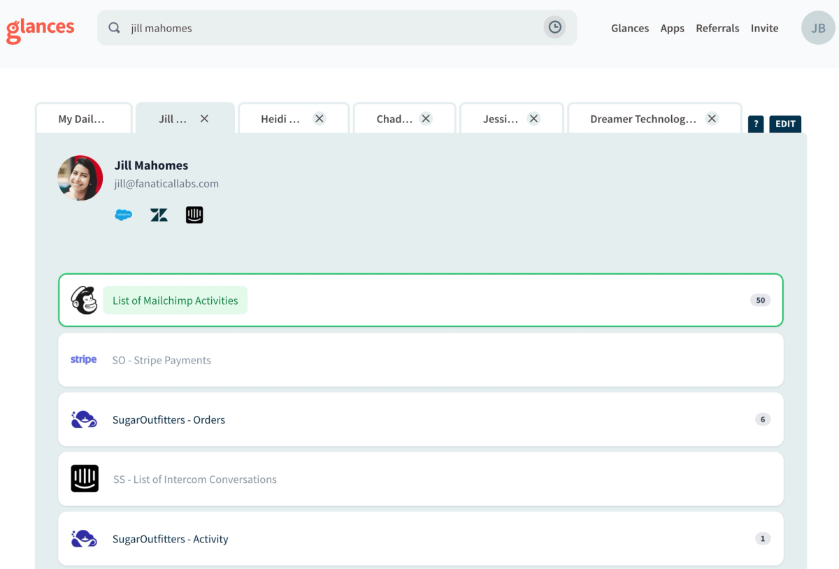 Screenshot of Glances user viewing data from Mailchimp and other apps in single view