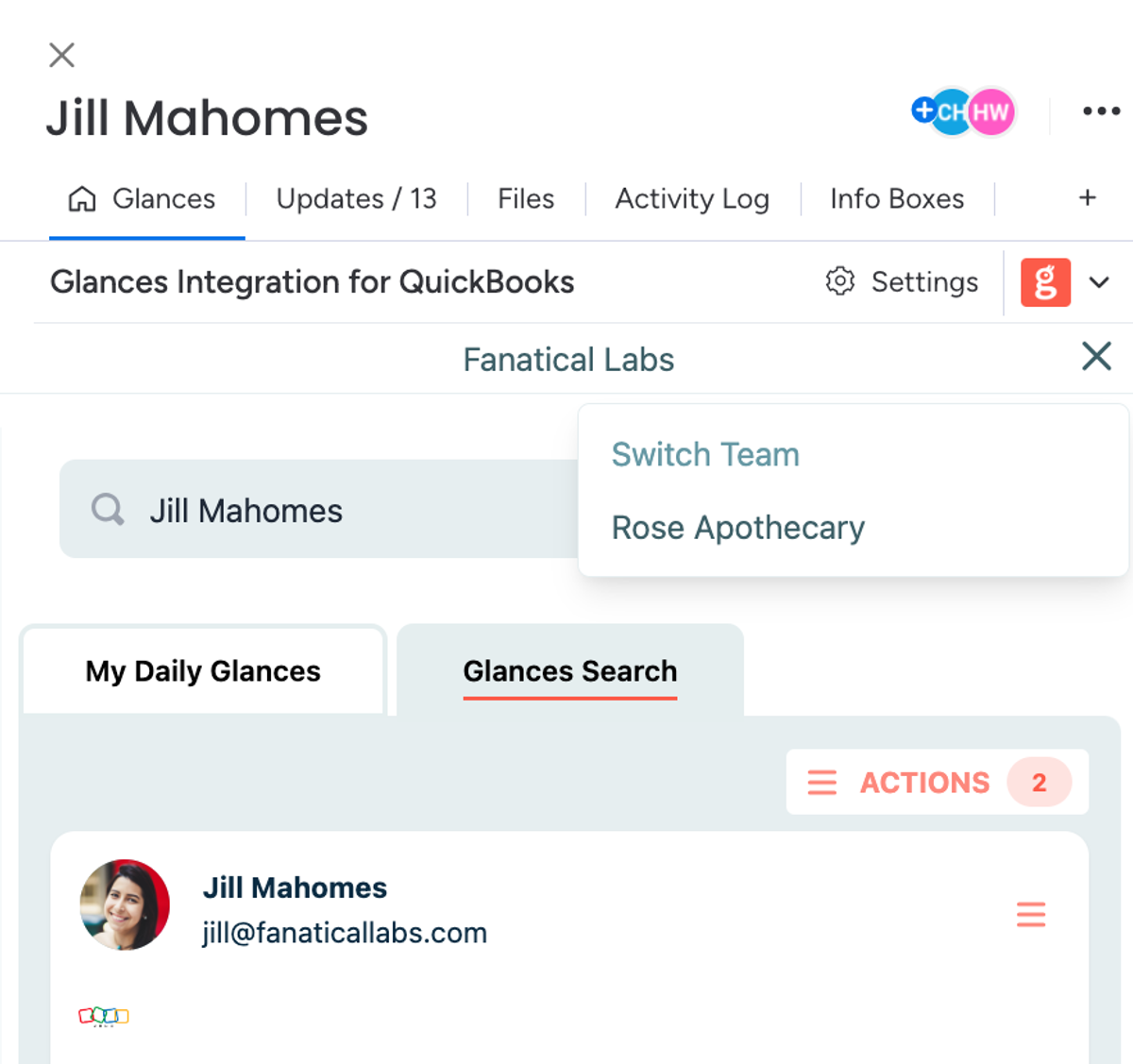 Glances team selection feature helps you switch between multiple app accounts