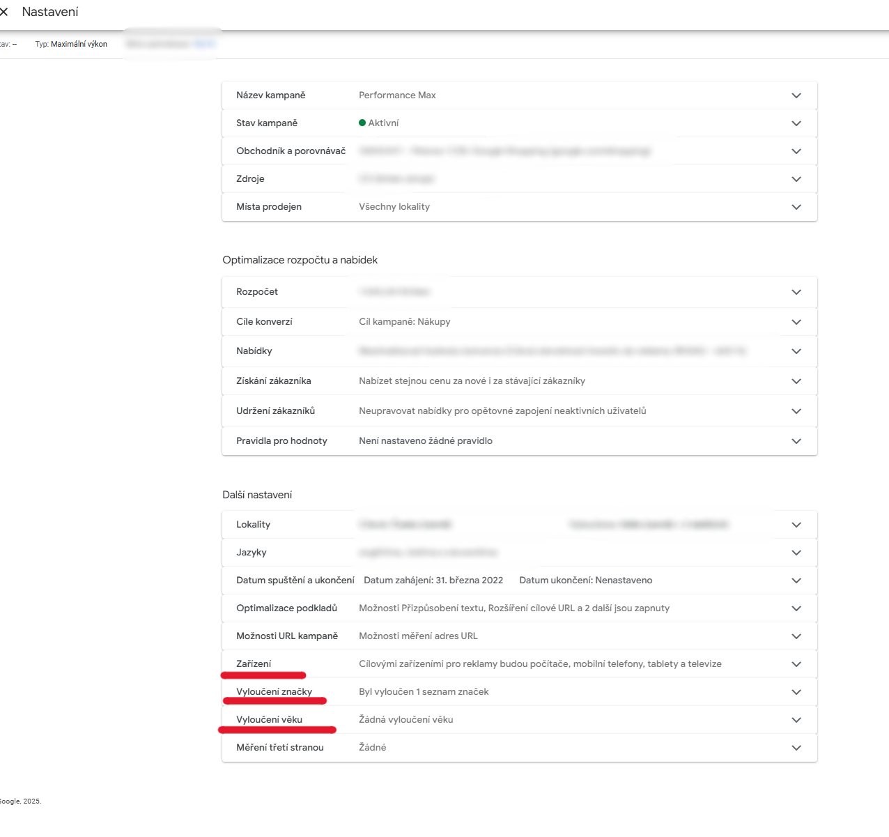 📷 Ukázka nastavení věku, brand exclusion a zařízení v Performance Max.
