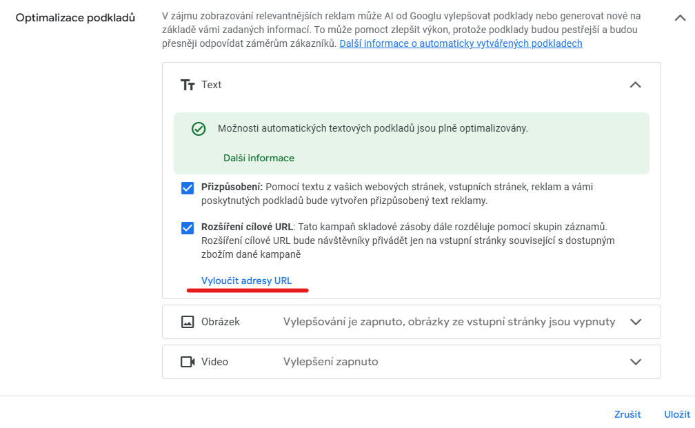 📷 Možnosti optimalizace podkladů. Rozšíření nebo vyloučení URL.