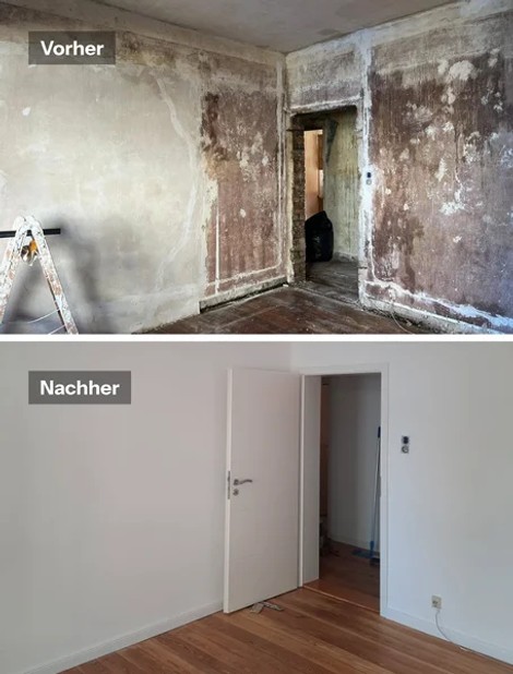 Vorher-Nachher eines Raums: Rohbauwand vor der Sanierung, neue Zimmertür und frisch gestrichene Wände danach.
