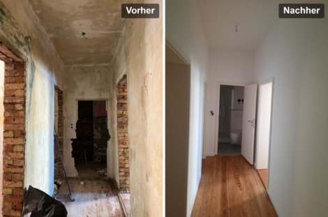 Vorher-Nachher einer Altbausanierung im Treppenhaus mit Malerarbeiten, neuer Bodenverlegung und modernem Innenausbau.