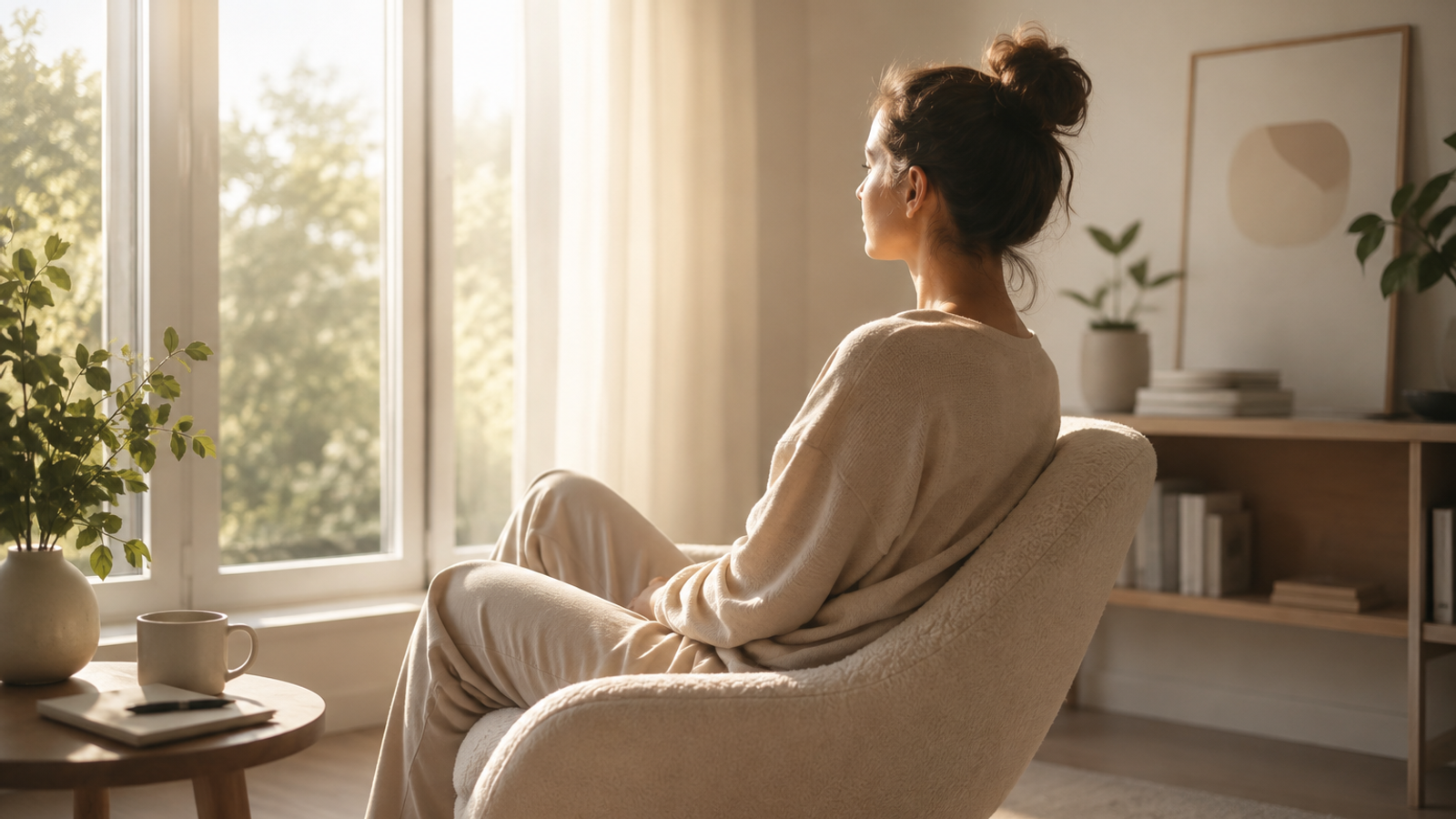 Femme assise dans un espace lumineux prenant un moment de recul pour retrouver sa clarté mentale