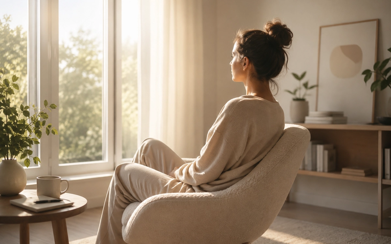 Femme assise dans un espace lumineux prenant un moment de recul pour retrouver sa clarté mentale