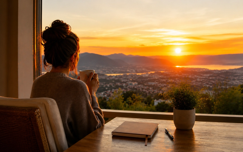 Femme contemplant un lever de soleil devant un agenda fermé, illustrant l'importance de préserver son énergie avant de commencer sa journée.