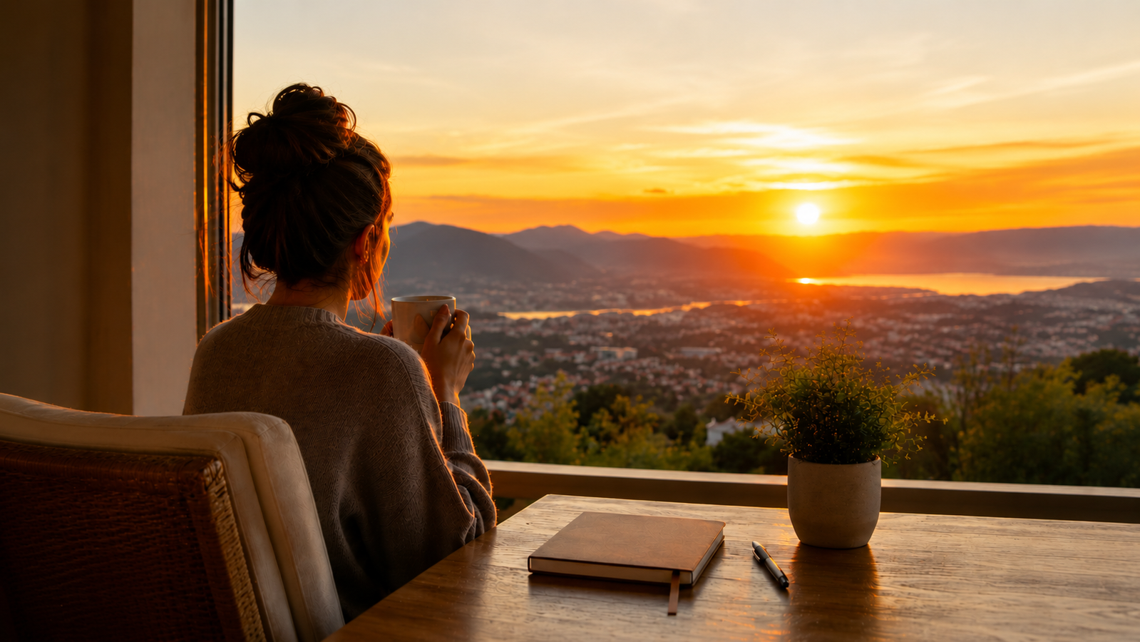 Femme contemplant un lever de soleil devant un agenda fermé, illustrant l'importance de préserver son énergie avant de commencer sa journée.