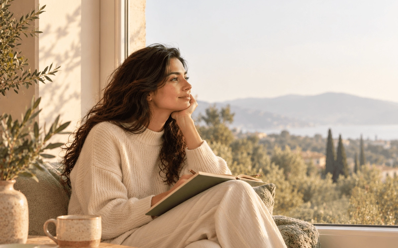 Femme assise près d’une fenêtre, plongée dans ses pensées, illustrant la réflexion sur son propre parcours et la comparaison aux autres.
