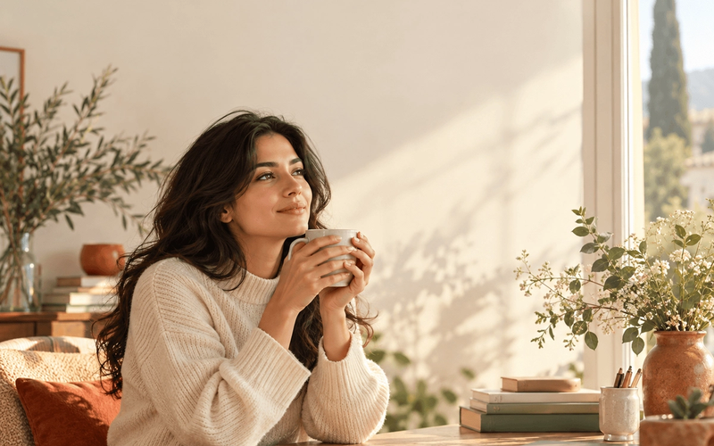 Femme assise près d’une fenêtre lumineuse, tenant une tasse de thé pendant un moment de repos dans un intérieur aux tons crème et vert sauge.