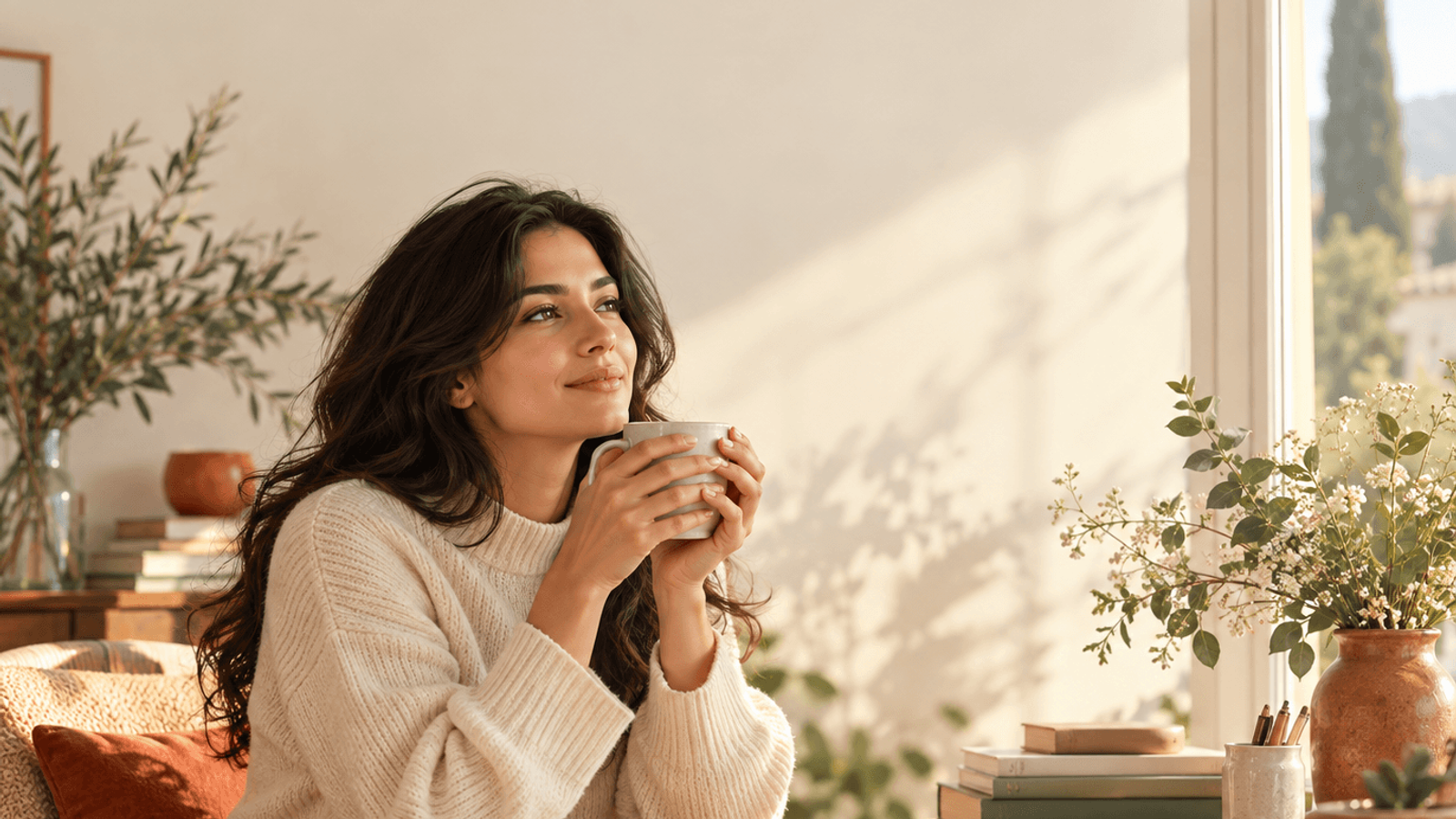 Femme assise près d’une fenêtre lumineuse, tenant une tasse de thé pendant un moment de repos dans un intérieur aux tons crème et vert sauge.