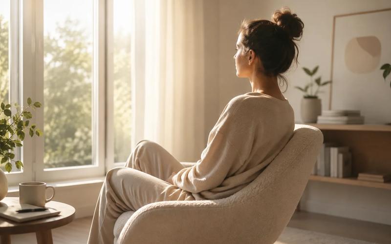 Femme assise dans un espace lumineux prenant un moment de recul pour retrouver sa clarté mentale
