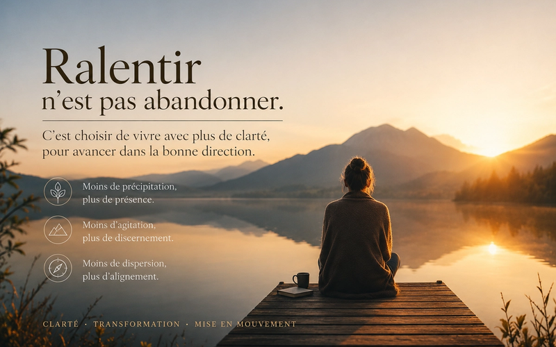 Une personne assise au bord d'un lac au lever du soleil, symbole de ralentissement, de réflexion et d'alignement intérieur.