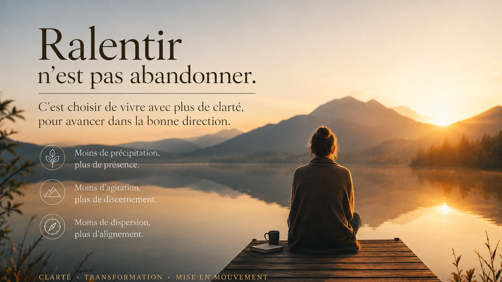Une personne assise au bord d'un lac au lever du soleil, symbole de ralentissement, de réflexion et d'alignement intérieur.
