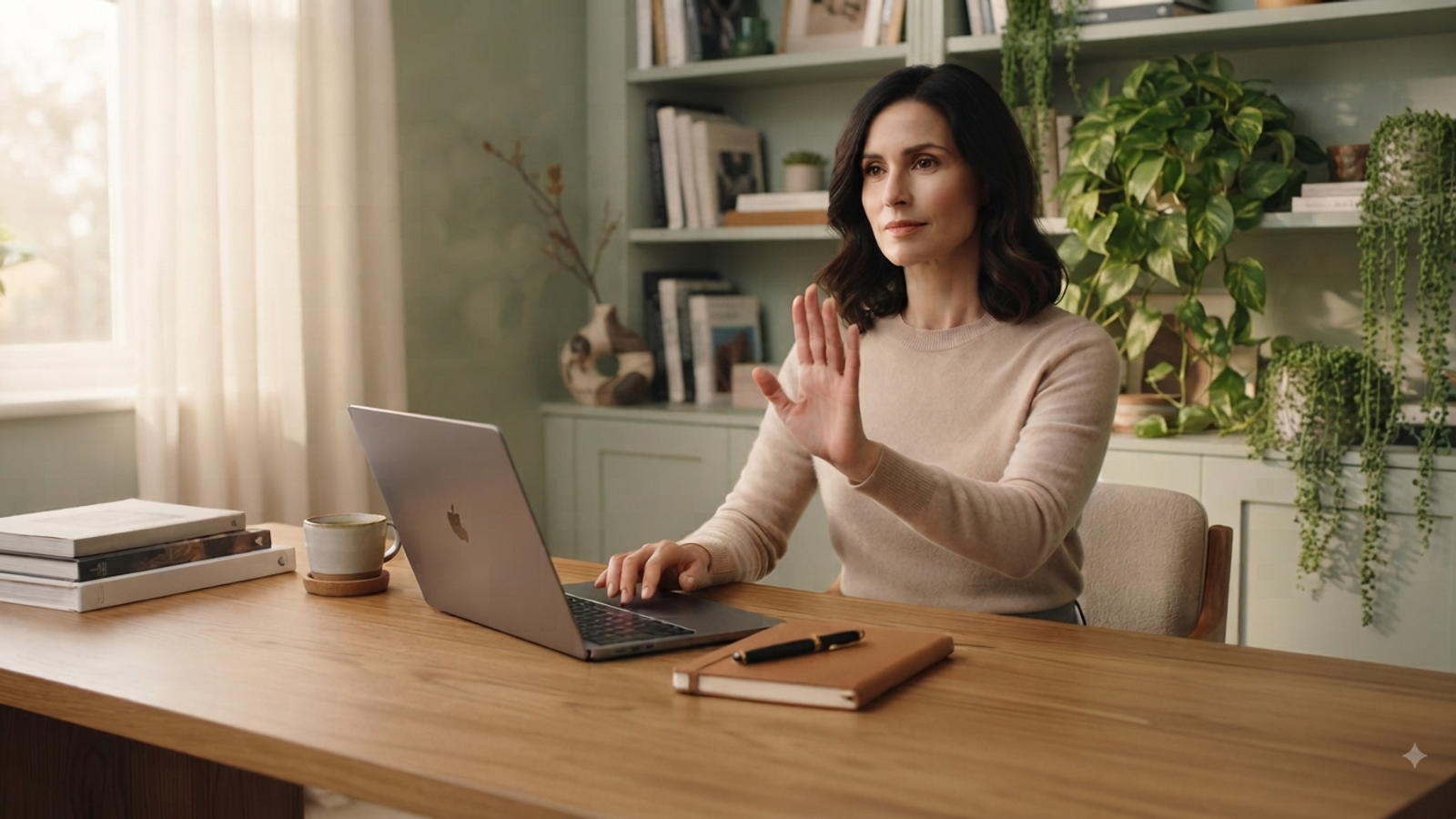 Une femme assise à un bureau en bois clair dans un espace de travail lumineux et épuré, adoptant une posture calme et affirmée. L'image dégage une atmosphère sereine et élégante, illustrant le moment de poser une limite avec bienveillance et assurance.