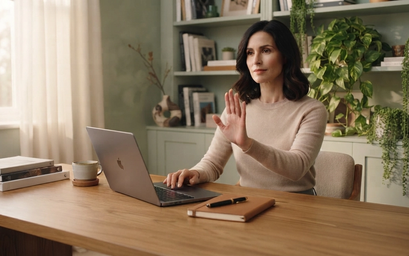 Une femme assise à un bureau en bois clair dans un espace de travail lumineux et épuré, adoptant une posture calme et affirmée. L'image dégage une atmosphère sereine et élégante, illustrant le moment de poser une limite avec bienveillance et assurance.