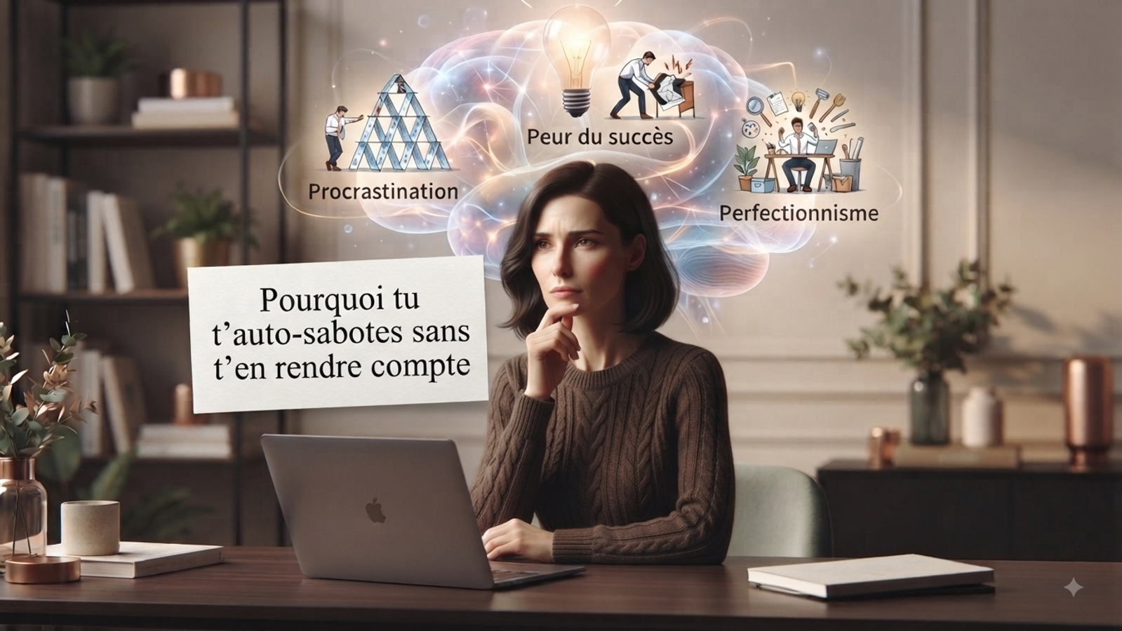 Image de couverture aux teintes douces et élégantes représentant une femme assise à un bureau en bois clair dans un bureau lumineux. Elle porte un pull beige et regarde pensivement vers le haut, la main sous le menton, exprimant le doute et la réflexion. Devant elle se trouvent un ordinateur portable ouvert et des carnets. En arrière-plan, une illustration stylisée et lumineuse de cerveau humain surmonté d'une ampoule est entourée de nuages vaporeux portant les inscriptions textuelles "Tu repousses", "Tu doutes" et sur des livres empilés "Autres priorités". En haut de l'image, le titre s'affiche en gros caractères : "POURQUOI TU T'AUTO-SABOTES SANS T'EN RENDRE COMPTE - ET SI C'ÉTAIT AUTRE CHOSE ?".