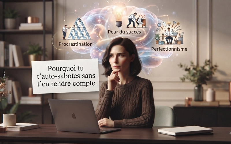 Image de couverture aux teintes douces et élégantes représentant une femme assise à un bureau en bois clair dans un bureau lumineux. Elle porte un pull beige et regarde pensivement vers le haut, la main sous le menton, exprimant le doute et la réflexion. Devant elle se trouvent un ordinateur portable ouvert et des carnets. En arrière-plan, une illustration stylisée et lumineuse de cerveau humain surmonté d'une ampoule est entourée de nuages vaporeux portant les inscriptions textuelles "Tu repousses", "Tu doutes" et sur des livres empilés "Autres priorités". En haut de l'image, le titre s'affiche en gros caractères : "POURQUOI TU T'AUTO-SABOTES SANS T'EN RENDRE COMPTE - ET SI C'ÉTAIT AUTRE CHOSE ?".