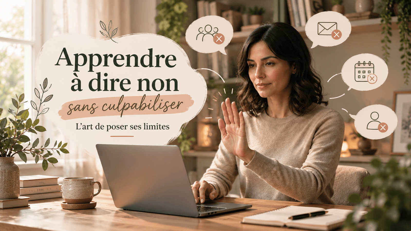 Une femme assise à un bureau en bois clair dans un espace de travail lumineux et épuré, adoptant une posture calme et affirmée. L'image dégage une atmosphère sereine et élégante, illustrant le moment de poser une limite avec bienveillance et assurance.
