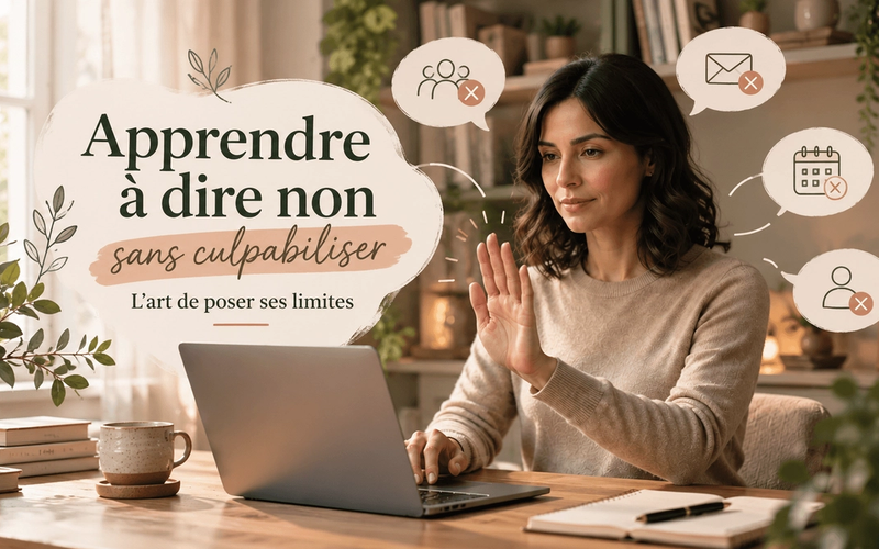 Une femme assise à un bureau en bois clair dans un espace de travail lumineux et épuré, adoptant une posture calme et affirmée. L'image dégage une atmosphère sereine et élégante, illustrant le moment de poser une limite avec bienveillance et assurance.