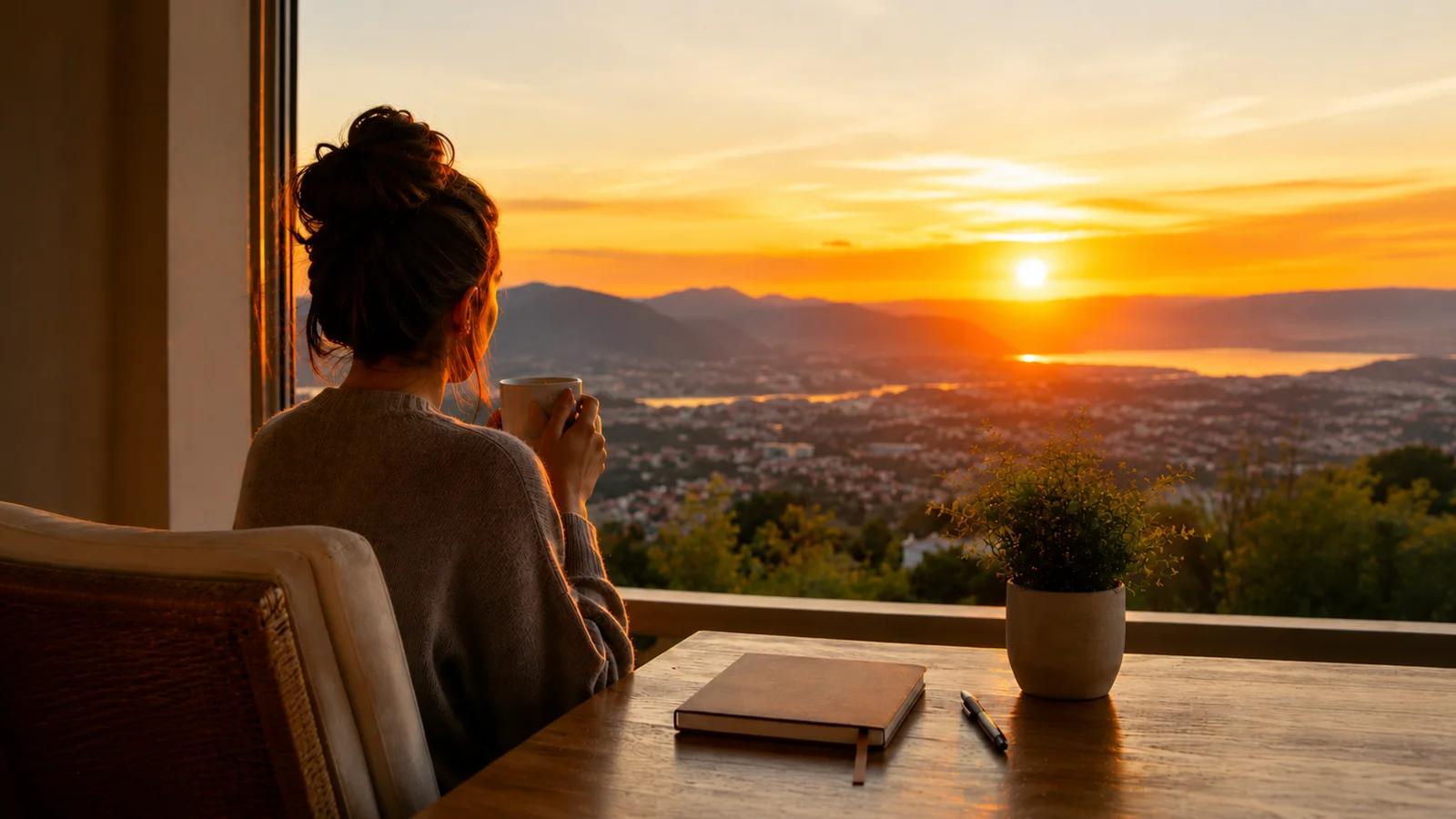 Femme contemplant un lever de soleil devant un agenda fermé, illustrant l'importance de préserver son énergie avant de commencer sa journée.