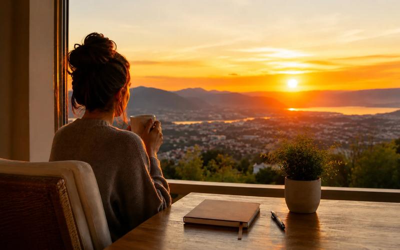 Femme contemplant un lever de soleil devant un agenda fermé, illustrant l'importance de préserver son énergie avant de commencer sa journée.
