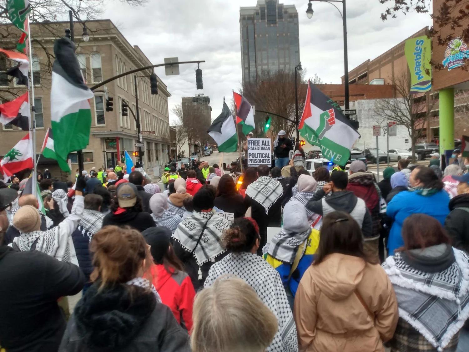A crowd of people marching down the street waving Palestinian flags