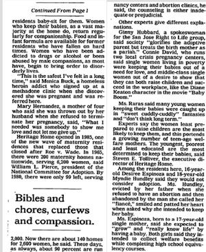 Newspaper clippings with the titles "Anti-Abortion Revival: Homes for the Unwed" and "Bibles and chores, curfews and compassion"