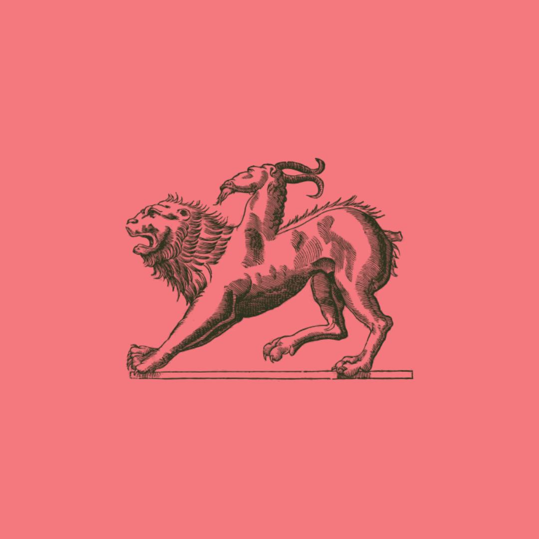 A drawing of a chimera, a lion with no tail and a second goat head coming out of it's side