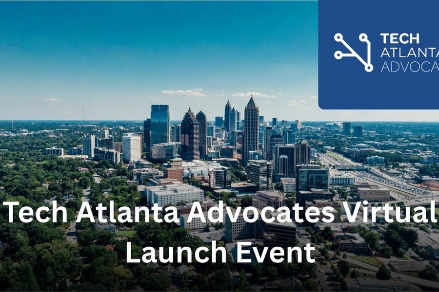 Aerial view of the Atlanta skyline with the title Tech Atlanta Advocates Virtual Launch Event